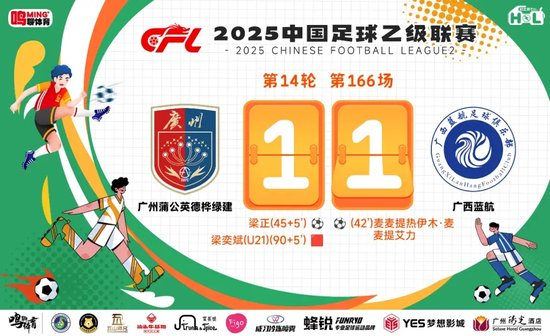 中乙-廣州蒲公英1-1廣西藍(lán)航：7成控球+3中框僅1球，裁判補(bǔ)時(shí)爭議斷送絕殺希望