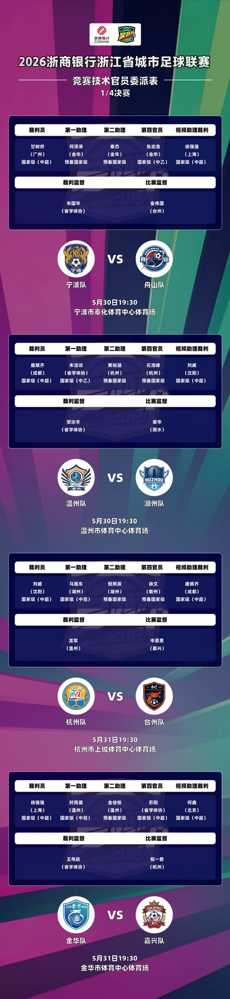 吳越杯四分之一決賽外省中超裁判全覆蓋，唐順齊、甘樹然分別執(zhí)法